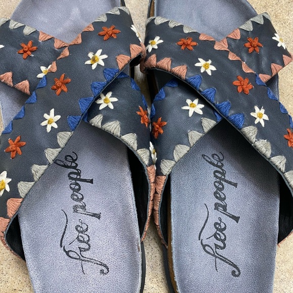 Free People Shoes - Free People Black and Blue Sandals Floral Slip-On